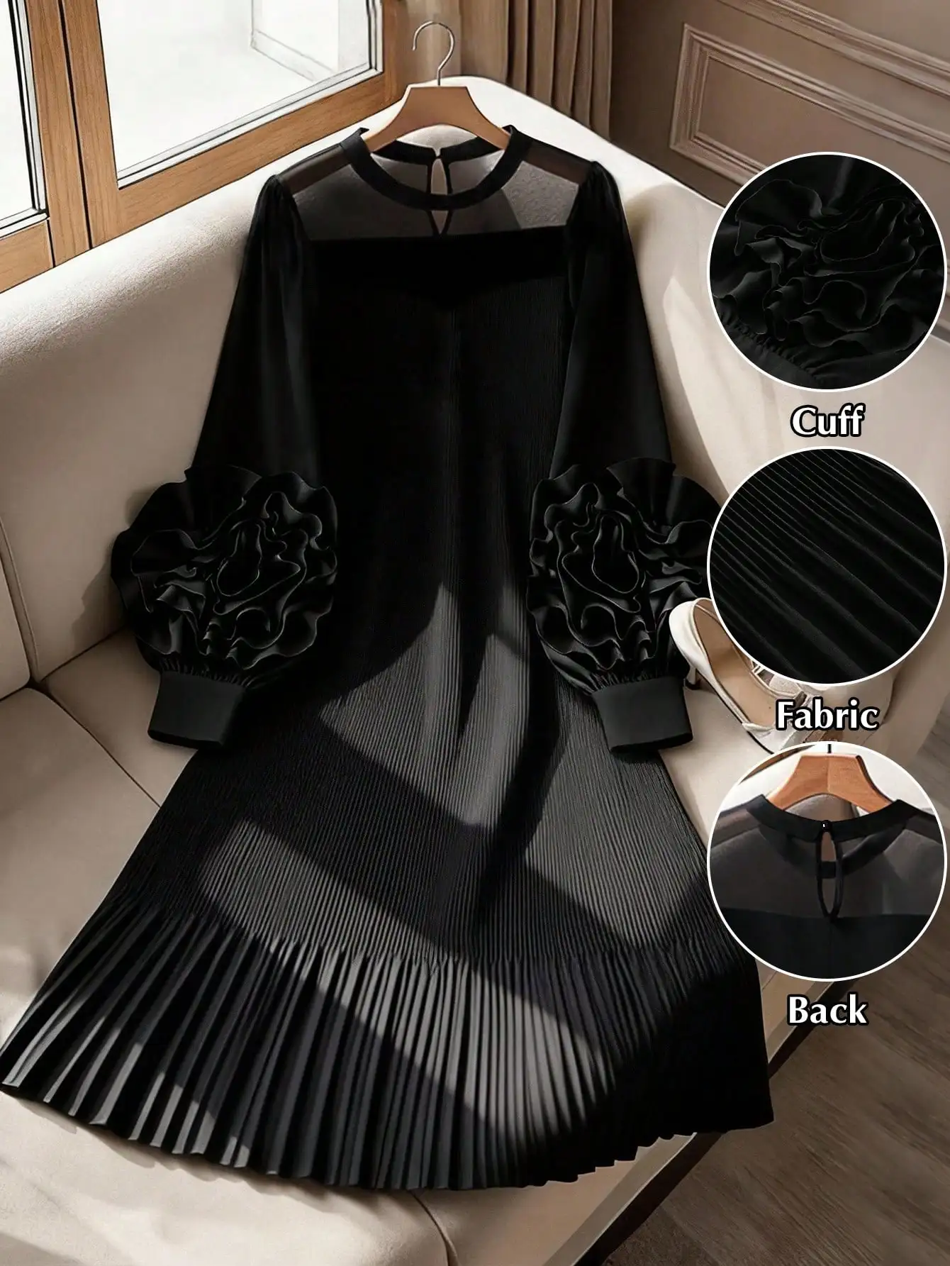 

Black Pleated Long Sleeve Dress with 3D Floral Cuffs and Sheer Neck