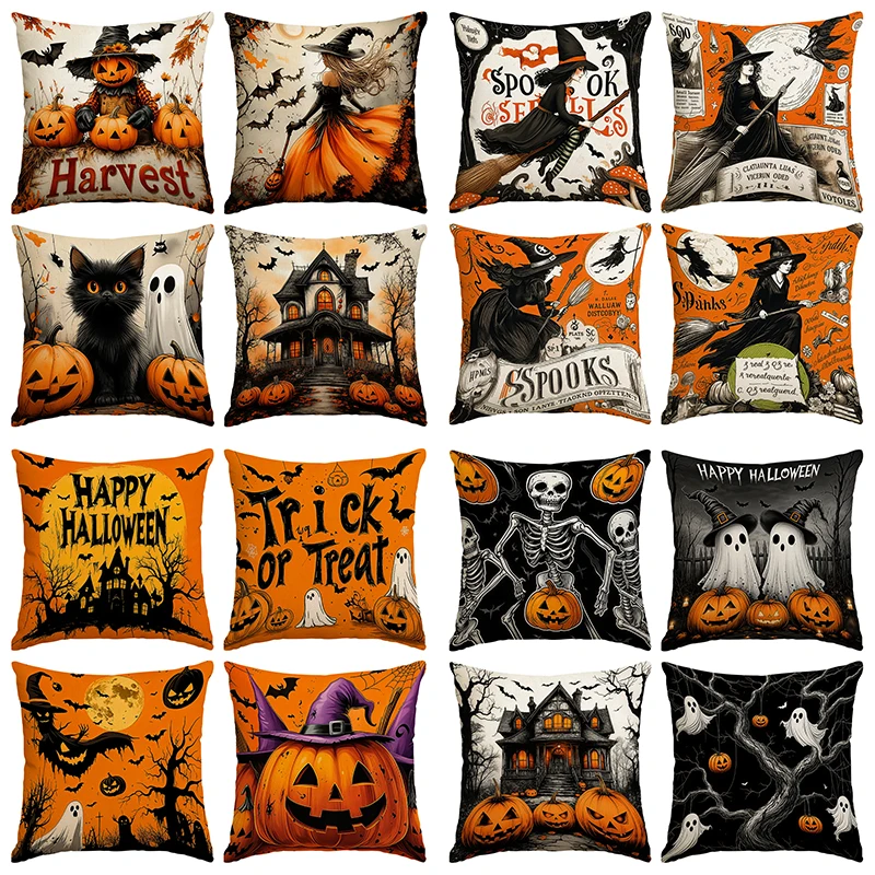 4pcs Retro Witch Pumpkin Bat Castle Printed Pillowcase, Halloween Home Decoration Sofa Cushion Cover (without Pillow Core)