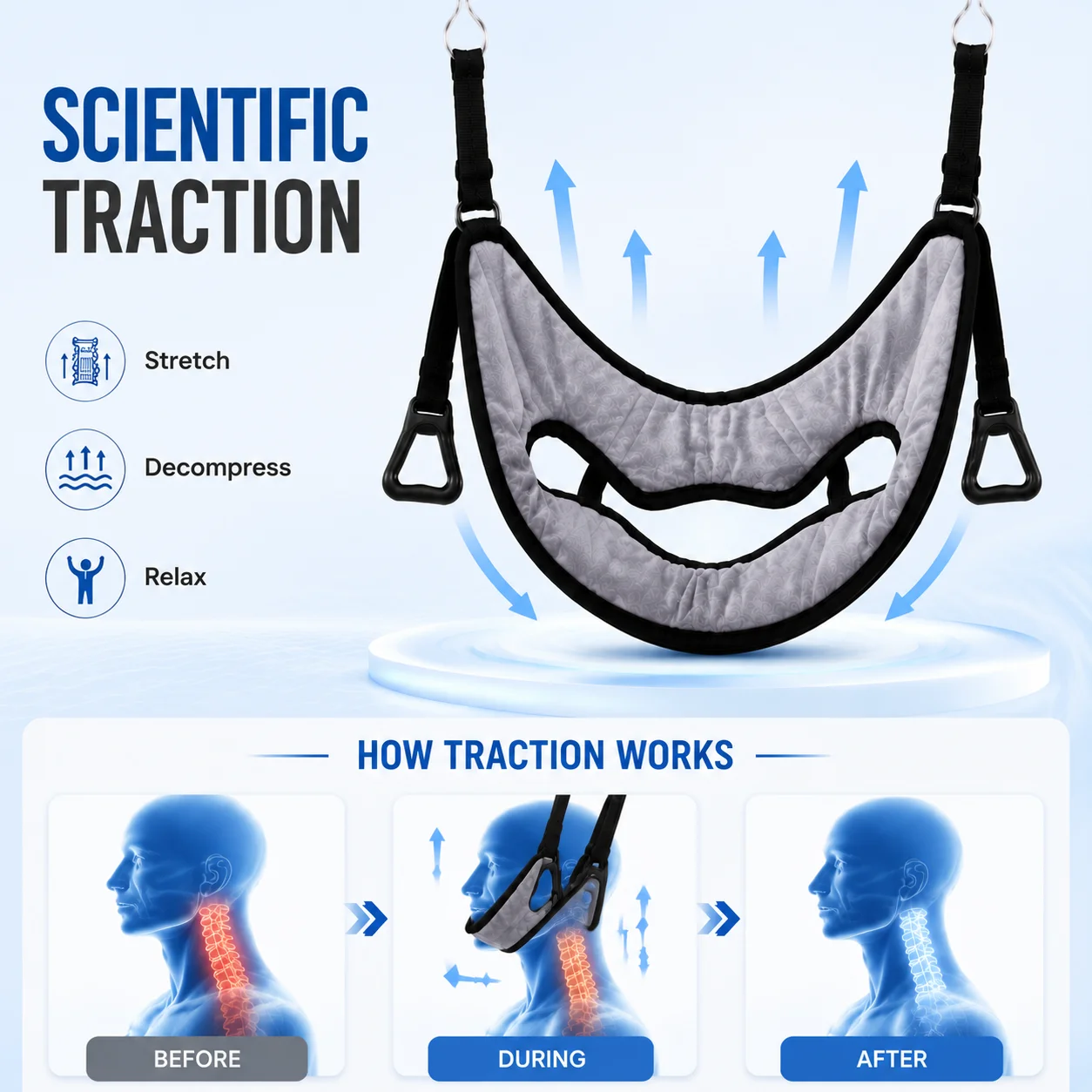 Cervical Traction Sling Neck Traction Harness with Metal Hooks Pull Rings Adjustable Strap Soft Padding Cervical Support Device