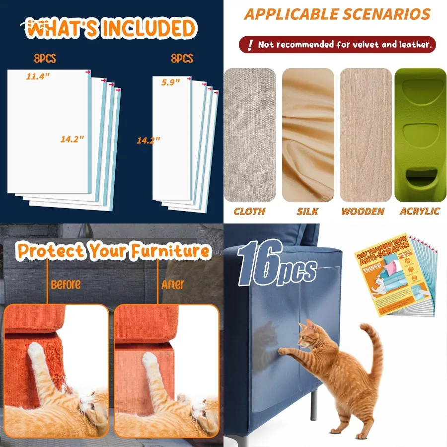 

16 шт. двухсторонняя лента для защиты мебели от царапин для кошек для внутреннего дивана и дивана, прозрачная пленка против царапин с прочным