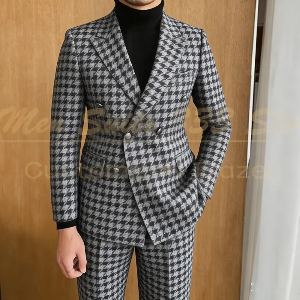 

Fashion New Men's Suits Customzied Double Breasted Peak Lapel Regular Fit 2 Piece Jacket Pants Sets Prom Party Male Clothing