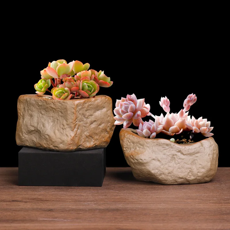 Ceramic Succulent Pot Wear Resistant Stone Shape Cactus Succulent Miniature Garden Bonsai for Home Office Table Desk Decoration