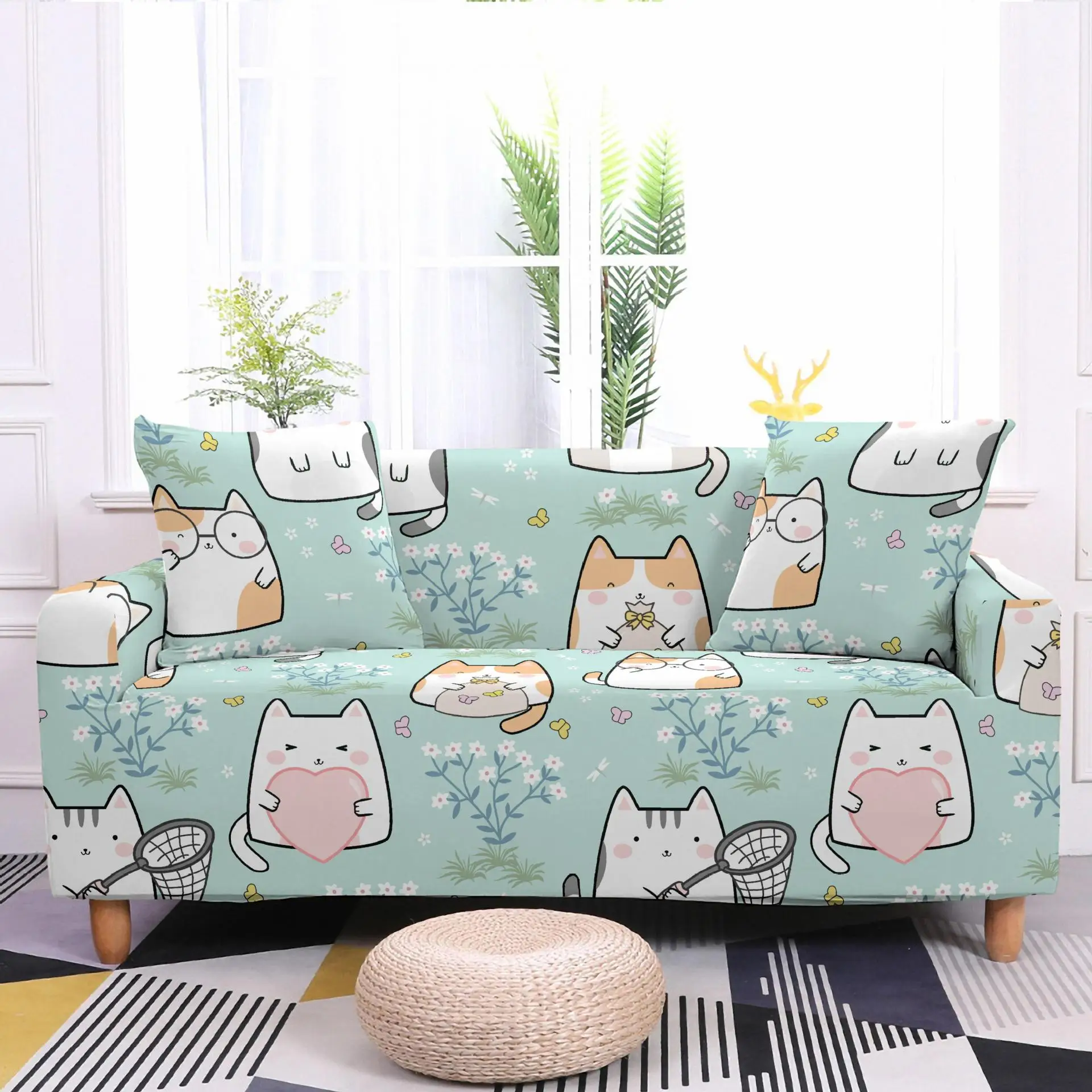 Cute Little Cat Cartoon Animal Sofa Cover All Inclusive Elastic Dustproof Wrinkle Resistant Multi-person Sofa Universal