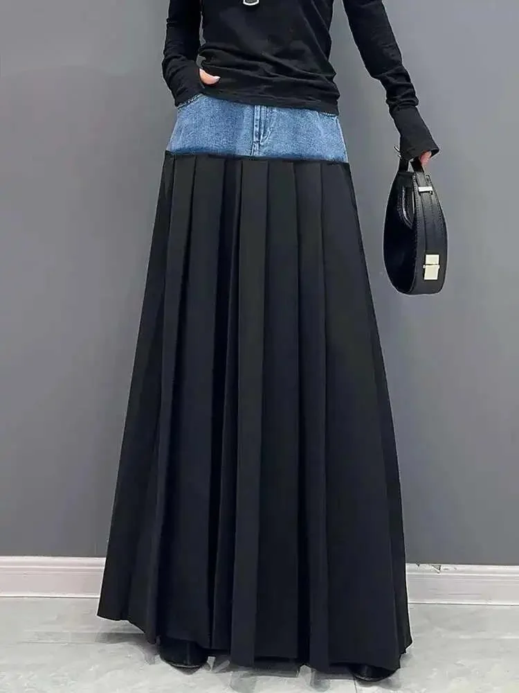 Denim Patchwork Pleated Skirt For Women Spring Fashion Versatile Chic A-line Floor Length Skirts 2026 New  5R4WKF