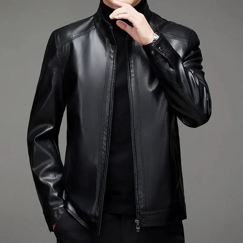 

2024 Newest Solid Business Men Pu Jacket Man Warm Casual Motorcycle Leather Male Slim Fit Windbreaker Biker Coat