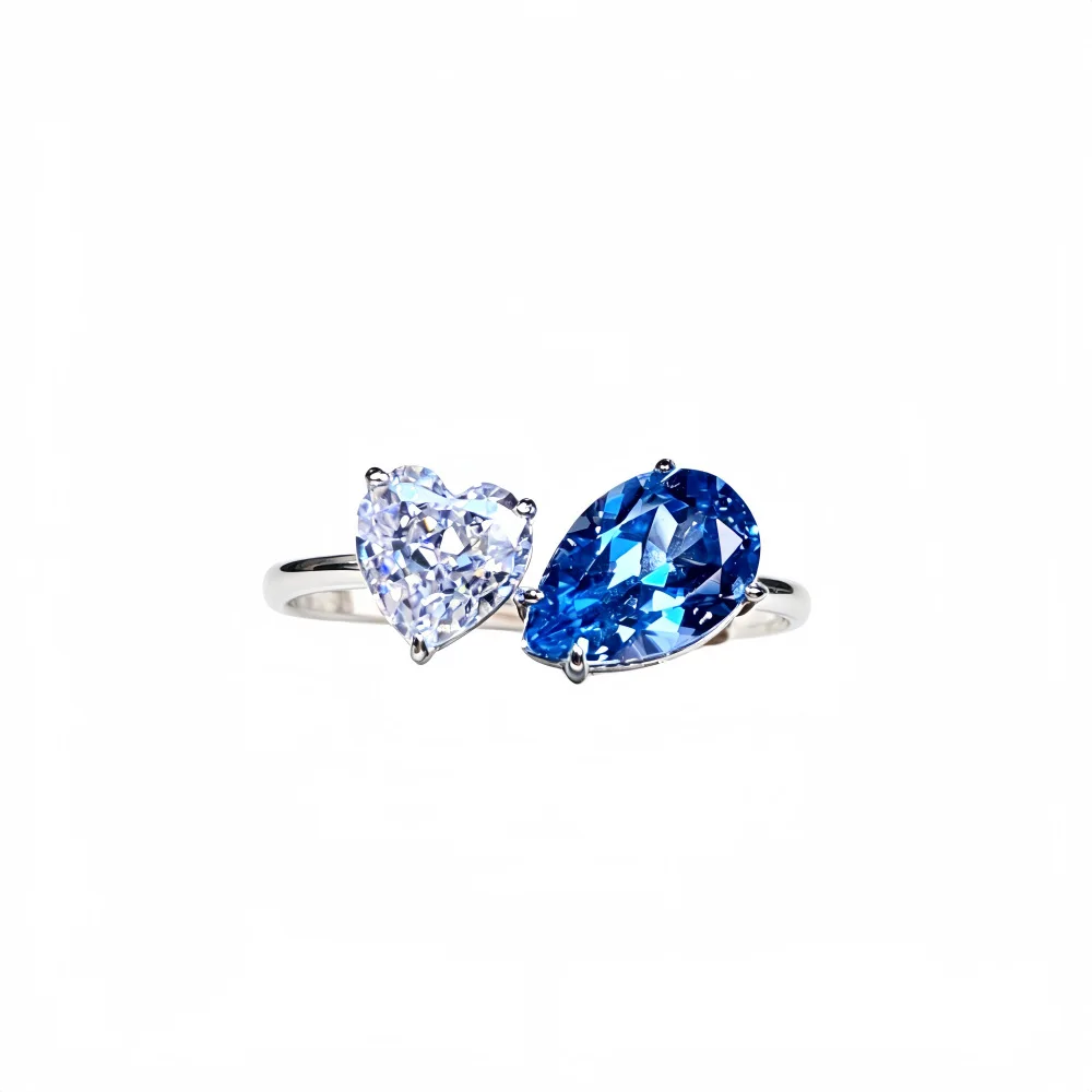 925 Sterling Silver Adjustable Open for Women Heart Pear Shape Blue Sapphire Clear Moissanite Ring Fine Jewelry Valentine Gift 