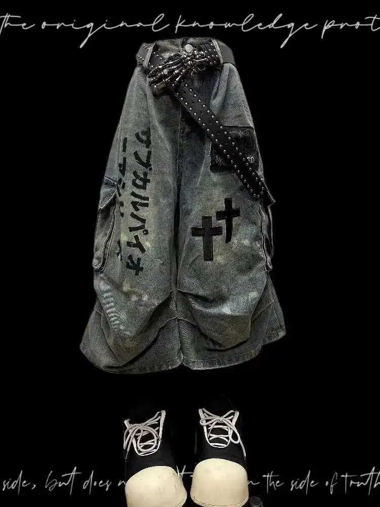 Jean court gothique punk pour femmes, style déchiré, patchwork, coupe large, pour hommes et femmes, style Wasteland, été
