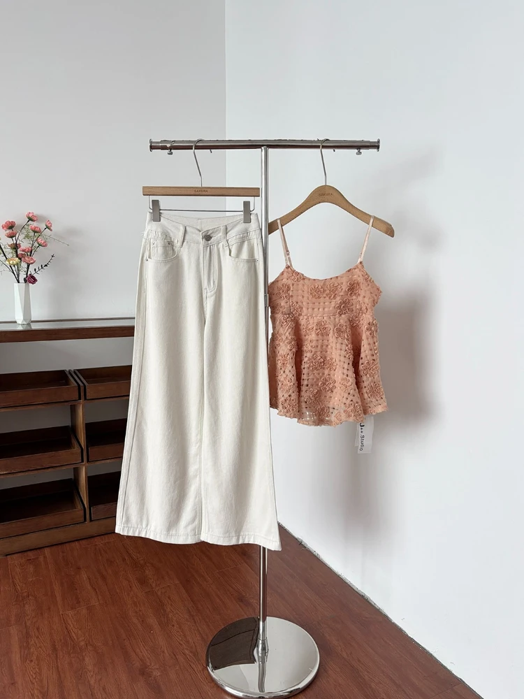 

2026 Spring/Summer New Korean Style Simple Commuting Versatile White High Waist Jeans Slim Fit Wide Leg Pants for Women