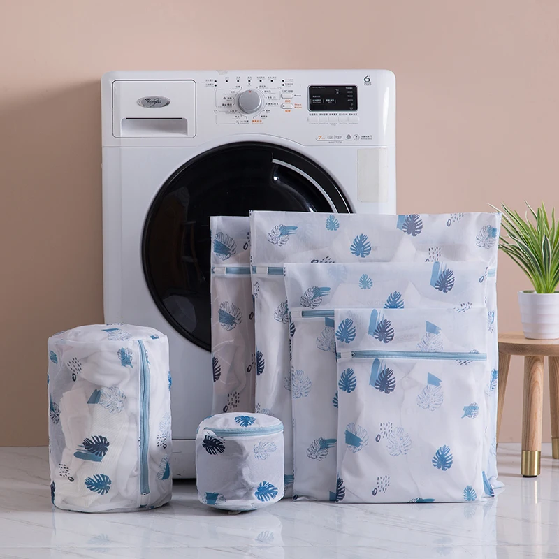 Laundry Bag Print Blue Leafves Dirty Clothes Cleaning Protect Washing Bag Household Clothes Organizer Mesh Zipper Laundry Bags