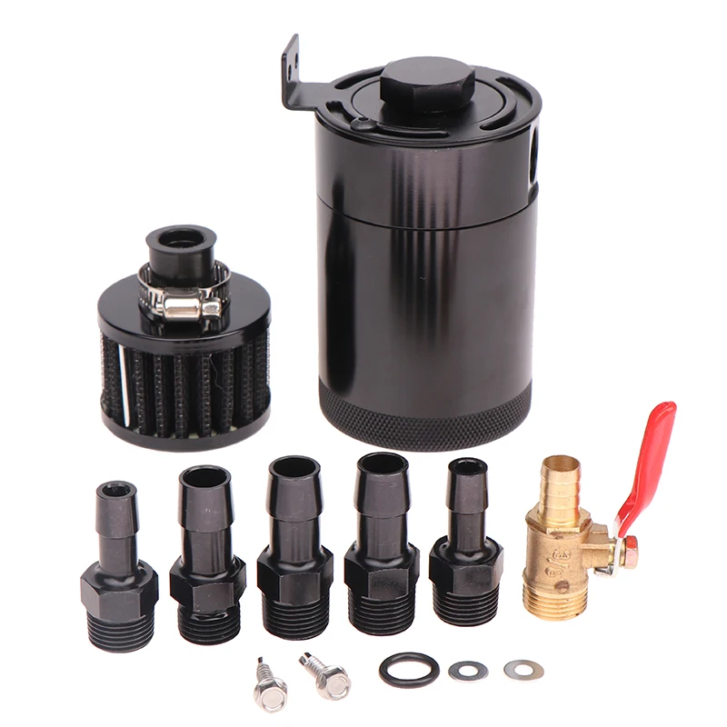 

Universal Racing Baffled Aluminum Oil Catch Can Tank 2-Port Reservoir With Drain Valve Breather Kettle Cylinder Filter Kit