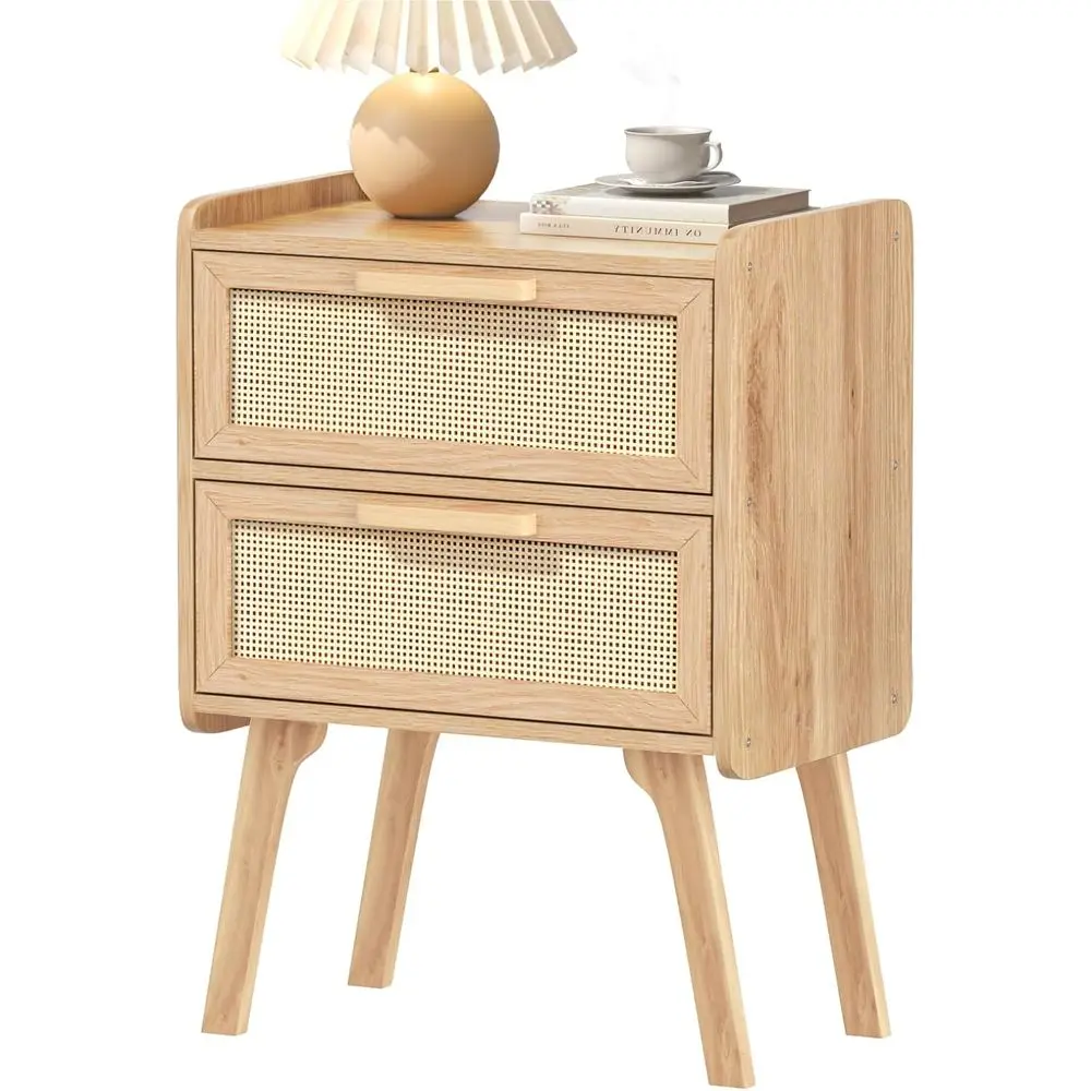 

Прикроватная тумбочка в стиле бохо из ротанга с 2 ящиками, ножками из массива дерева, идеально подходит для спален и небольших помещений