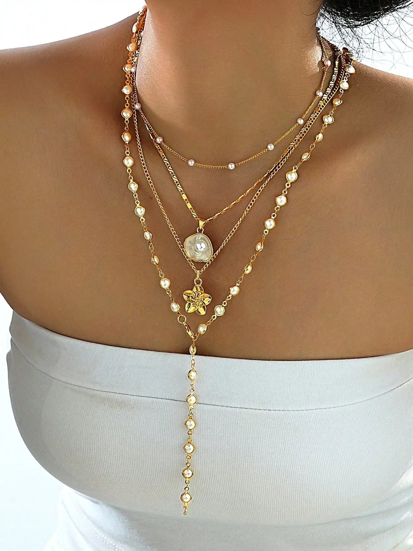 4pcs Vintage Bohemian Shell & Faux Pearl Flower Pendant Tassel Necklace Set, Y-Shaped Chain, Suitable For Daily Wear And Beach Vacation Jewelry Decoration