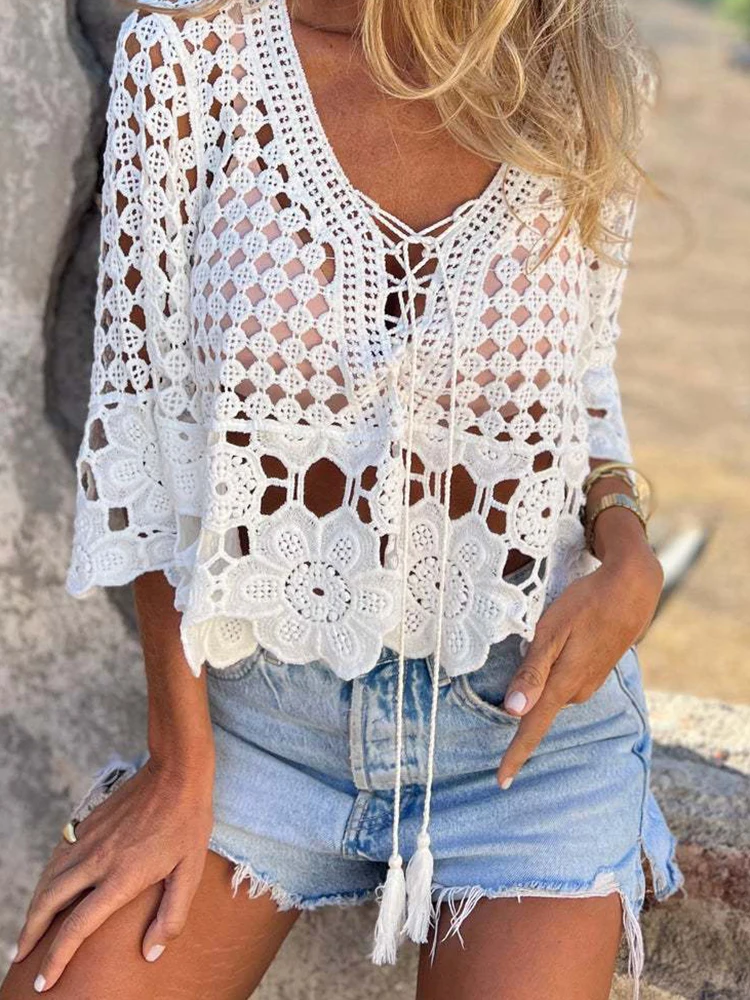 Top Casual de Cor Sólida com Amarração, Primavera Verão, Sexy, Decote em V, Top de Praia Transparente, Estilo Boêmio, Cobertura em Malha