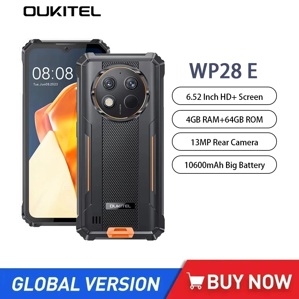 Oukitel WP28E Rugged 4G Smartphones 6.52Inch HD+ Octa Core 4GB RAM+64GB ROM 10600mAh 13MP Android 14 Mobile Phone Global Version