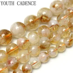 Natural AA Quality White Cracks Yellow Citrine Crystal Stone Round Loose Beads 6 8 10mm For Jewelry Making DIY Bracelet 15