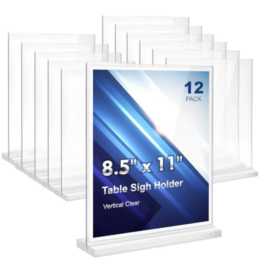 

Держатель для акриловых табличек 8,5x11 дюймов, 12 штук, двусторонний, прозрачный, пластиковый, настольный, для бумаги, вертикальный, для меню и флаеров