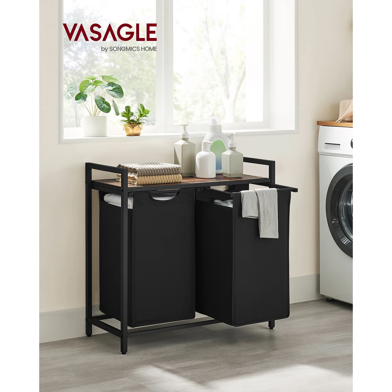 VASAGLE Laundry Basket, 2-Compartment, Pull-Out and Removable Laundry Bags,Metal Frame, 2 x 46L, 73 x 33 x 72 cm