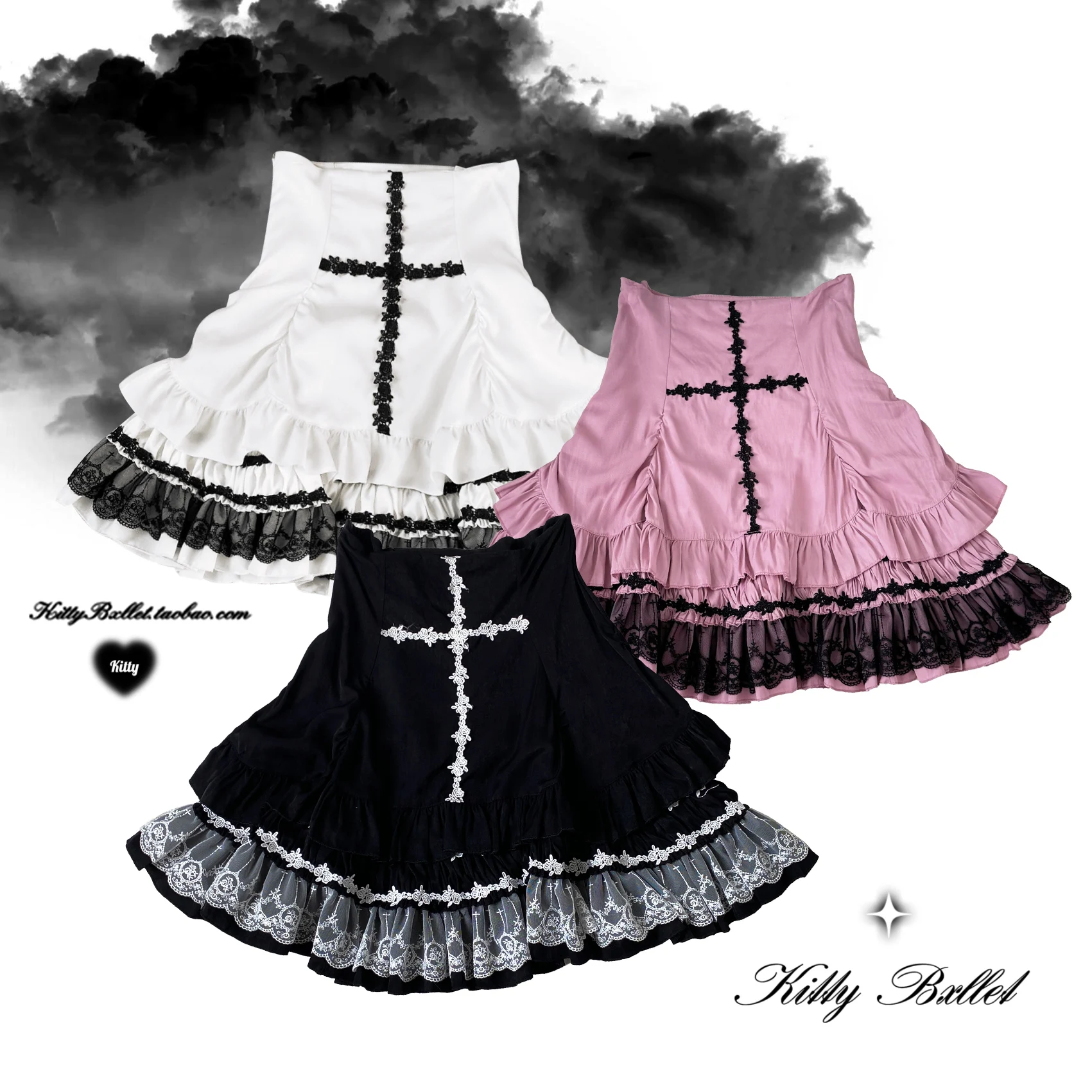 Original Subculture Embroidery Cross Lace High Waist Skirt Women Elegant Ruffles Short A-line Skirts Sweet Girl Puffy Skirt
