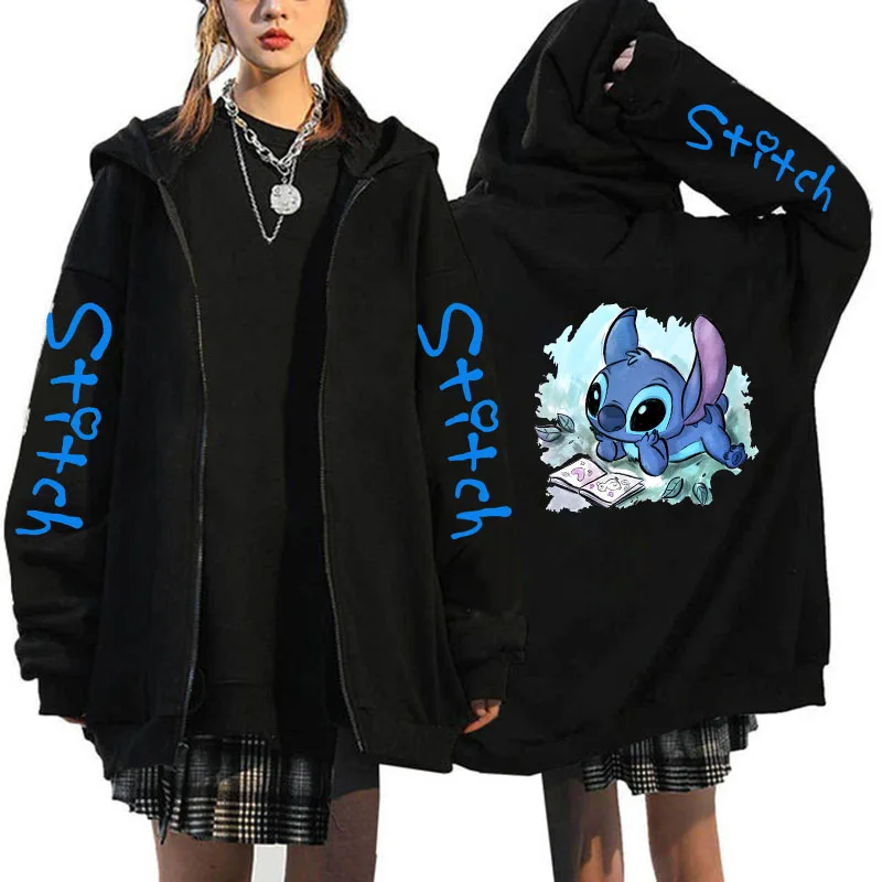 Sudadera con capucha Y2k de los años 90 con cremallera de Disney Stitch, sudaderas con cremallera para mujer, sudadera bonita de Anime Harajuku,