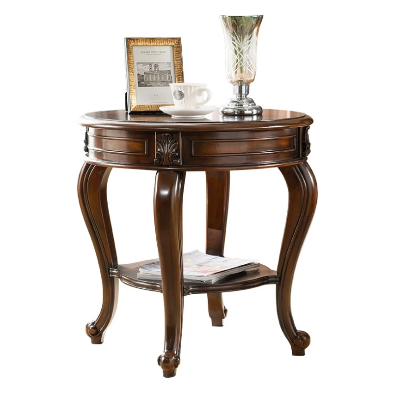 

American corner table, all-solid wood coffee table, European sofa, side , round coffee , retro dark small coffee