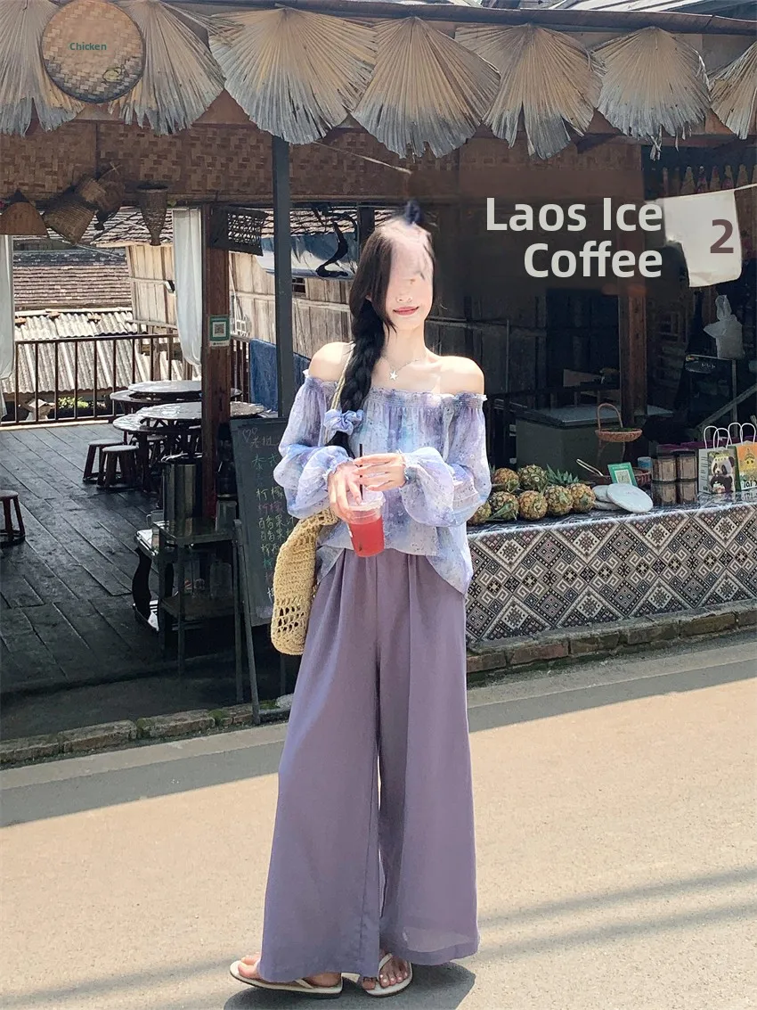 

Casual Floral Print Long Sleeve Shirt And Pants Set Pure Desire One Shoulder Wide Leg Pants Holiday Style Fashionable Women's...