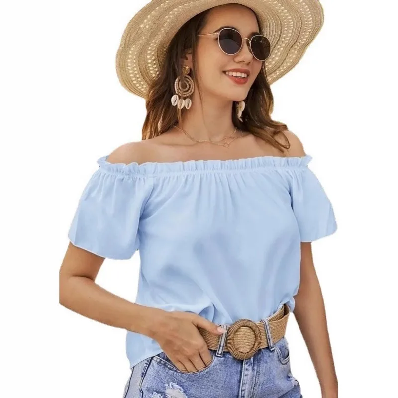 

Women's Off-the-Shoulder Ruffle Hem Solid Color Blouse Summer Casual Short Sleeve Top