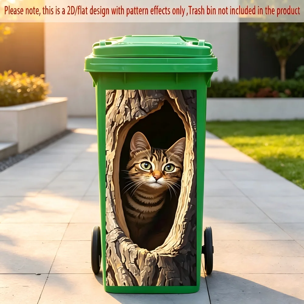 1 trash can sticker featuring a realistic cat peeking from a tree hole design
