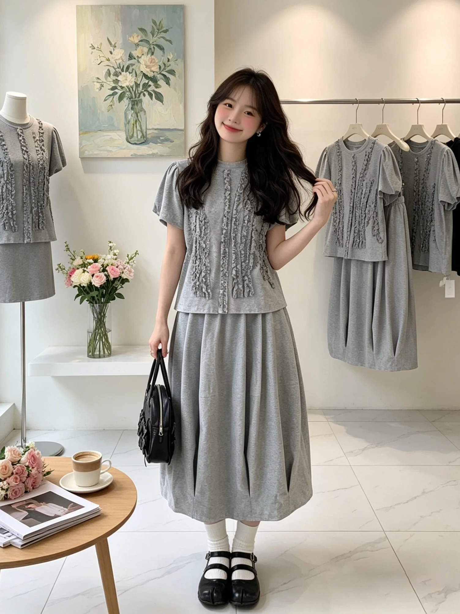 

Japanese Style Summer Artistic Short Sleeve T-Shirt And Half Skirt Set Women's Fashion Bubble Sleeve High Waist Breathable Po...