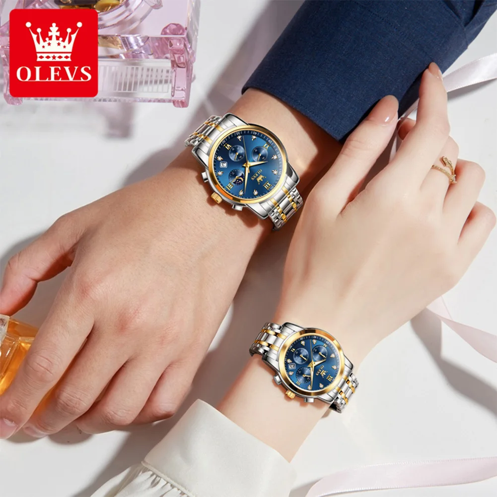 OLEVS 2858 العلامة التجارية الفاخرة كوارتز ساعة الزوجين مقاوم للماء ساعة عاشق هدية كلاسيكية مضيئة مرحلة القمر كرونوغراف ساعة له أو لها