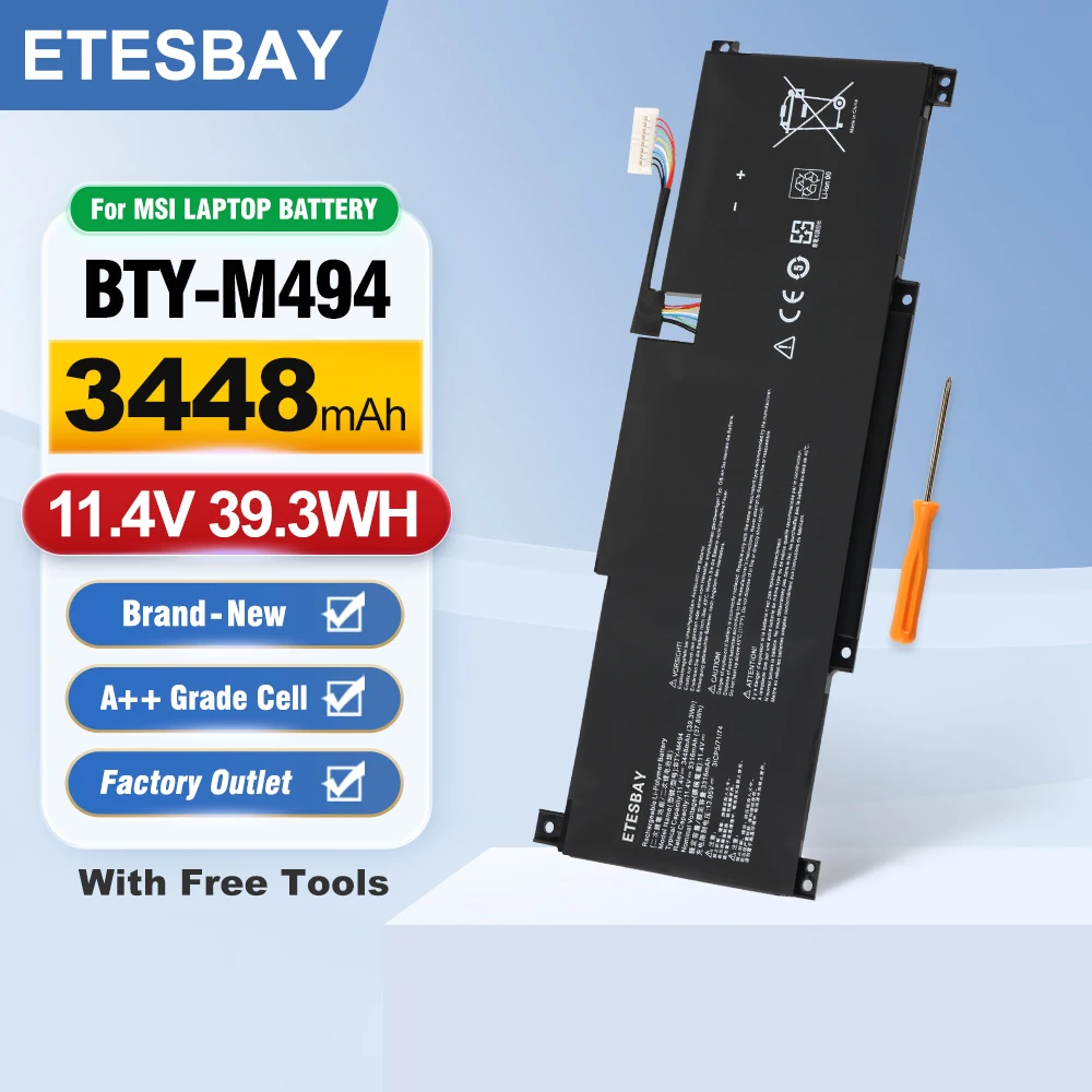 ETESBAY BTY-M494 Laptop Battery For MSI Modern 15 H C13M Series For MSI Modern 14 C11M Series 3ICP5/71/74 11.4V 3448mAh/39.3WH