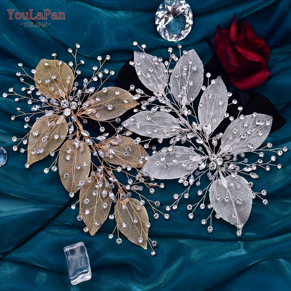 YouLaPan-tocado de novia con diamantes de imitación para mujer, tocado con forma de hoja, pieza de pelo lateral, diadema para novias, accesorios para el cabello de boda, HP285