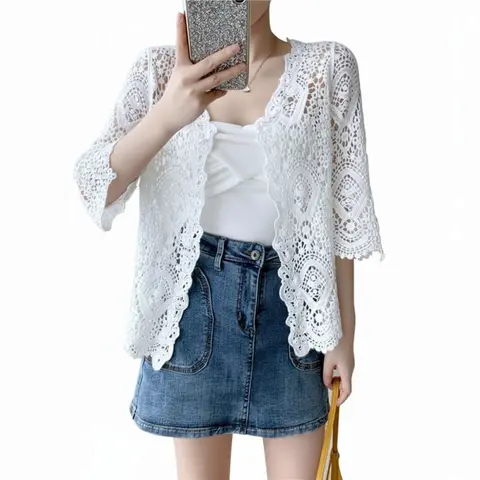 Fashion 3/4 Sleeves Knitted Shrug Hollow Boho Style Mesh Sweater Open Front Cardigan Women