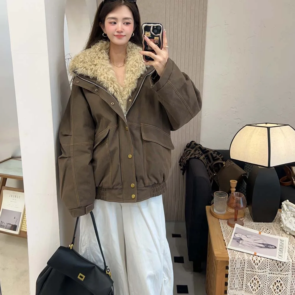 2025 Herfst Winter Mode Vrouwen Jassen Losse Casual Lamswollen Jas Dikke Warme Vrouwelijke Overjas Ganzendonsjack