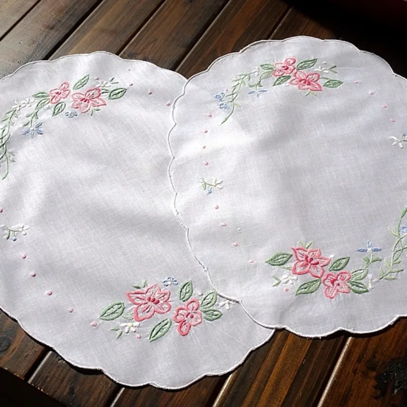 2-個楕円形アメリカンレトロ牧歌的な純粋な綿手刺繍プレースマットカバー-30x40-32x47cm