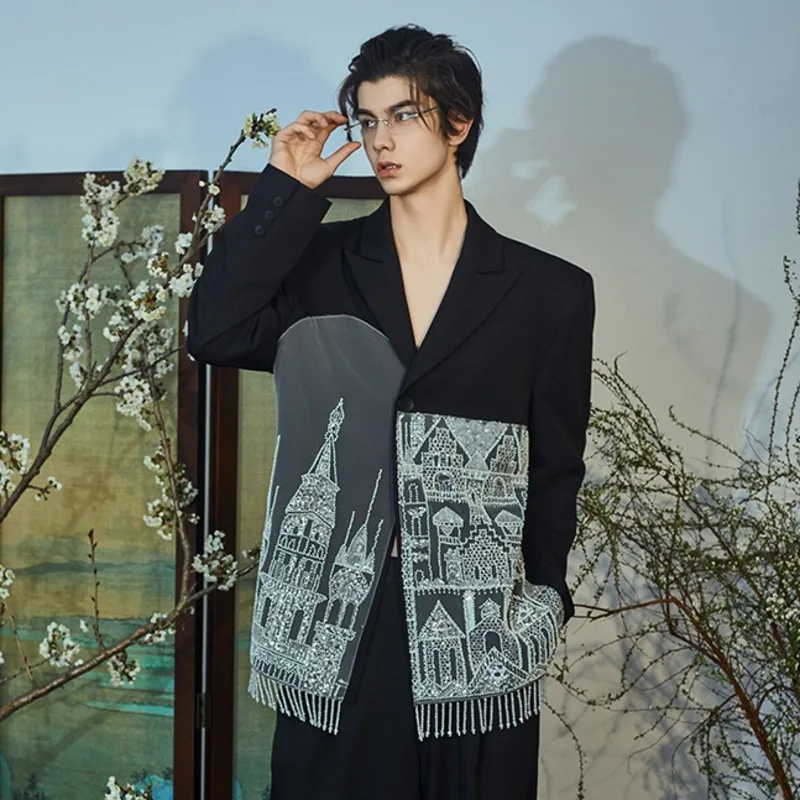 WVGA البدلة معاطف ربيع الخريف جديد الرجال المد الصين شيك مطبوعة المرقعة العصرية المتخصصة شيك عادية كم طويل السترة Ins W10948