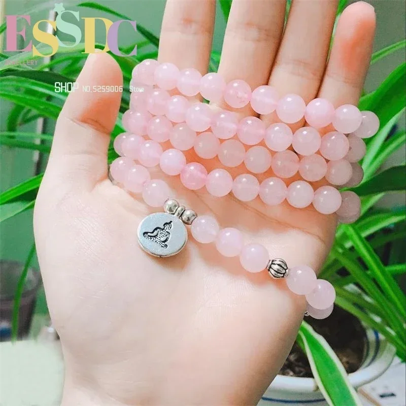 ESSDC Fashion Design 8mm Natural Pink Stone 108 Beads Mala Bracelet Women Jewelry Yoga Buddhist Chakras Meditation Necklace