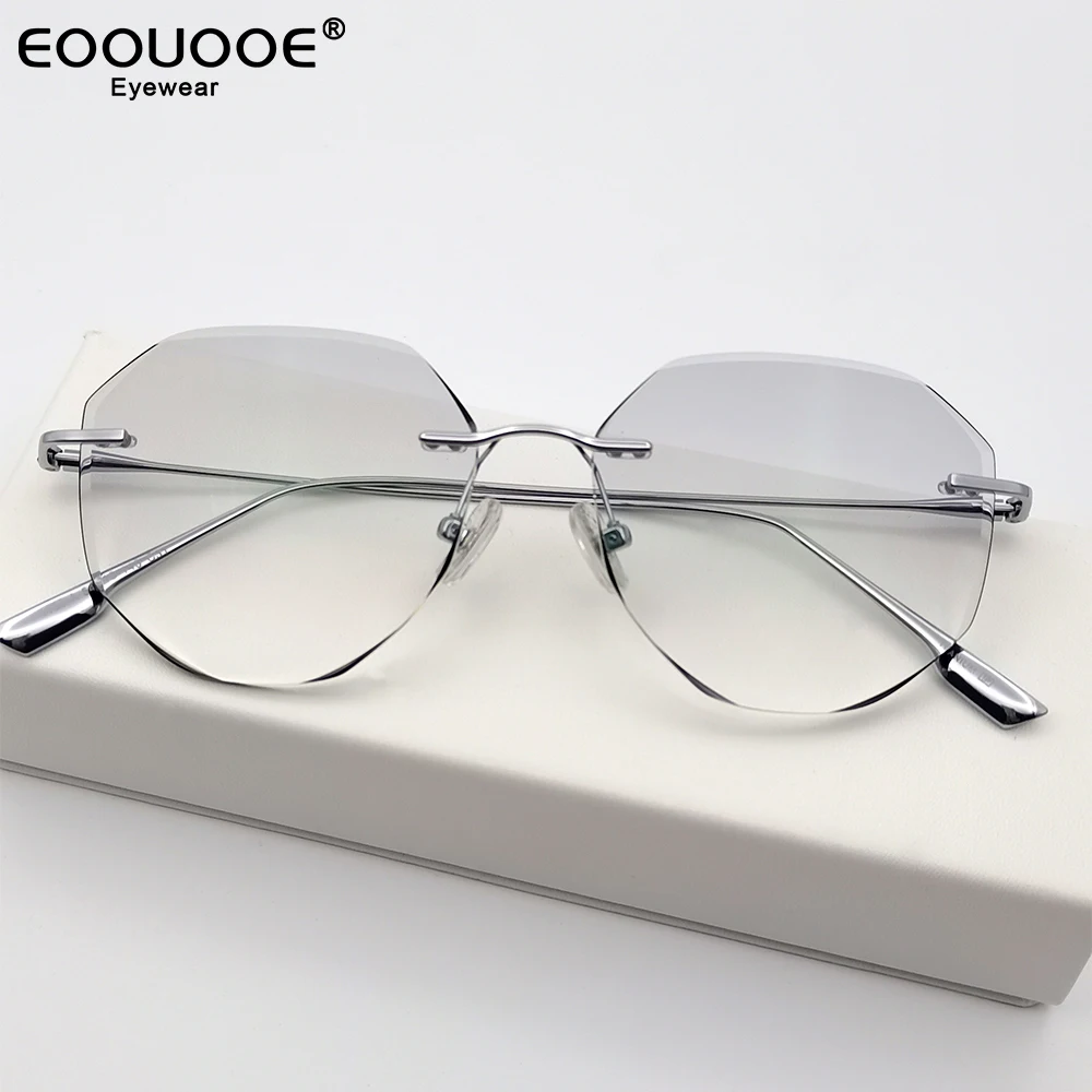 

Fashion Women's Optical Glasses Pure Titanium Eyewear Myopia Eyeglasses Prescription Rimless Sunglasses UV Gradient Grey Lenses