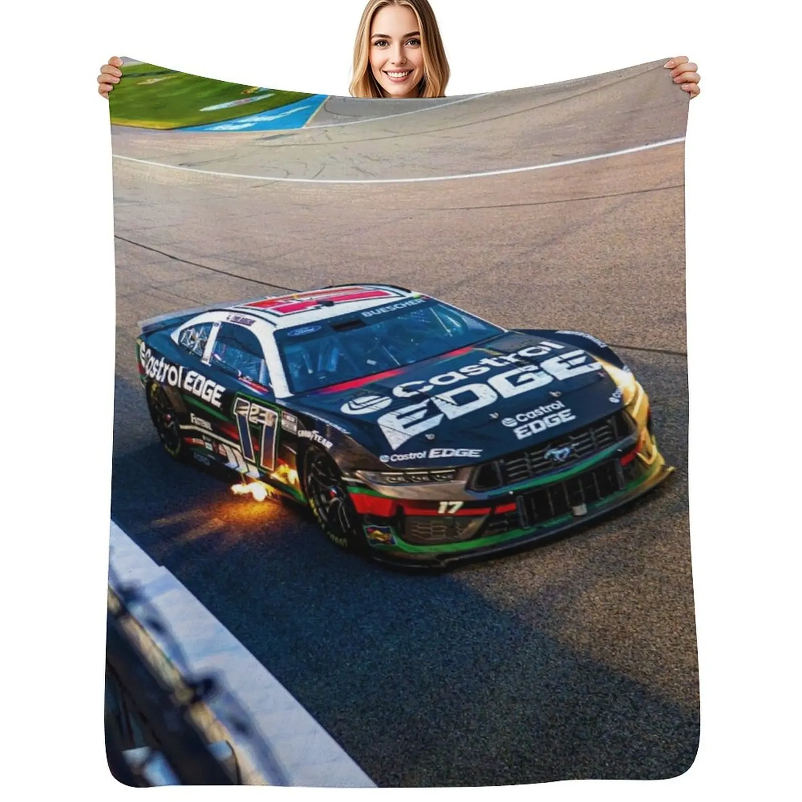 

Chris Buescher racing his 2024 Nascar Cup Car shooting flames out of his exhaust abstract Throw Blanket