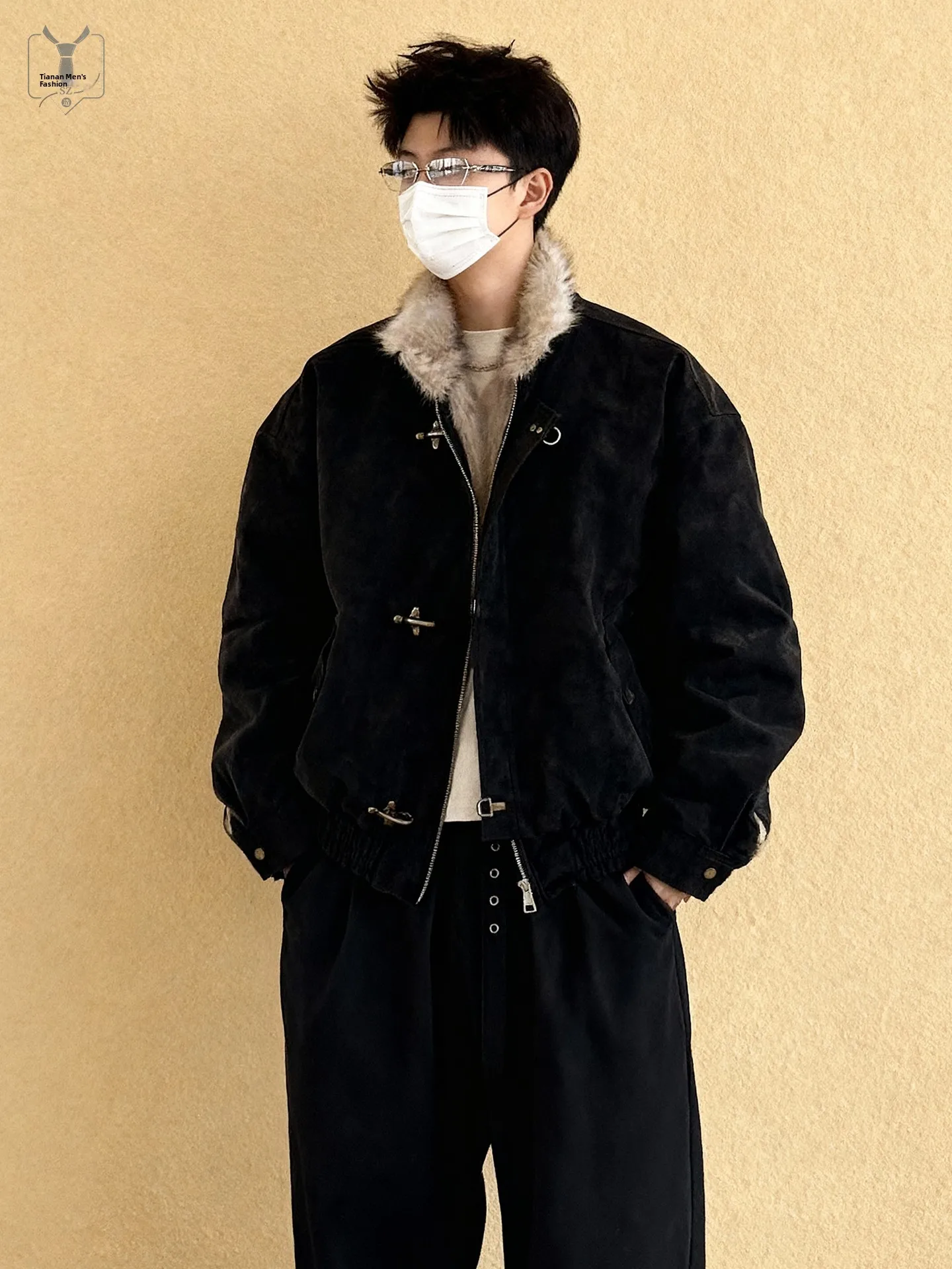 

Thiened Lamb Fur Jaet American Harrington Pearl Glitter Cotton Coat Men's Winter Clothing Mountain Eagle Warmth Youth Fas...