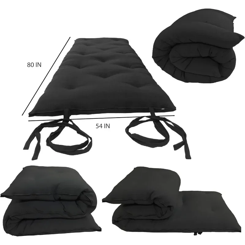 Full Size Black Traditional Japanese Floor Futon Mattresses 80 x 54 x 3, Foldable Cotton Cushion Mats, Yoga, Meditation