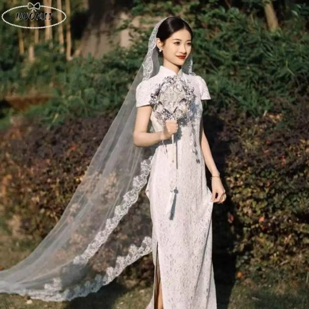 

Элегантная кружевная фата с цветочным узором, длинная однослойная свадебная фата, белый мягкий тюль, марлевые аксессуары для головы невесты