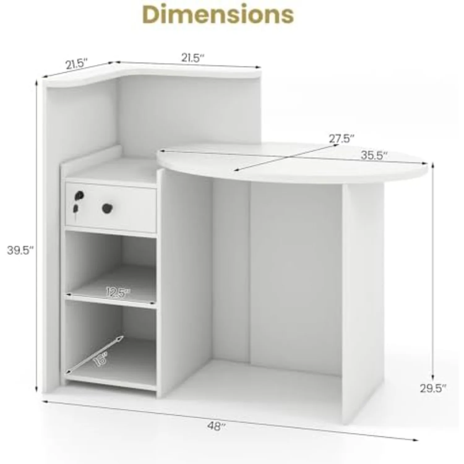 Reception Desk, Front Desk with Open Shelves, Lockable Drawer, Round Tabletop, Checkout Counter, Retail Counter