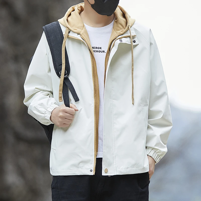 Fake Two Piece Men's Hooded Jacket Loose Fit Spring 2026 Versatile Outerwear Workwear Coat Men Zipper Closure Patchwork Jackets