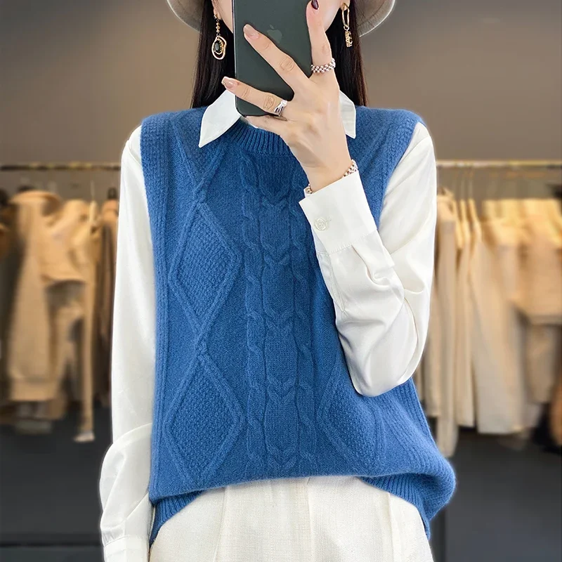 

Autumn And Winter New Women's Round Neck Diamond Twist Knitted Waistcoat 100% Wool Vest Sleeveless With Cashmere Sweater