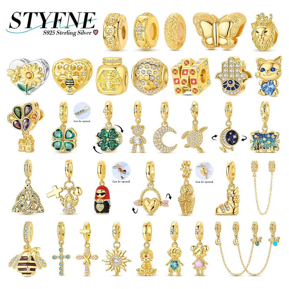 Golden Beads 925 Silver Fit Bracelets Keychain Charms Four Leaf Clover Bee Lion Cat Zircon Pendant DIY Fashion Jewelry Making