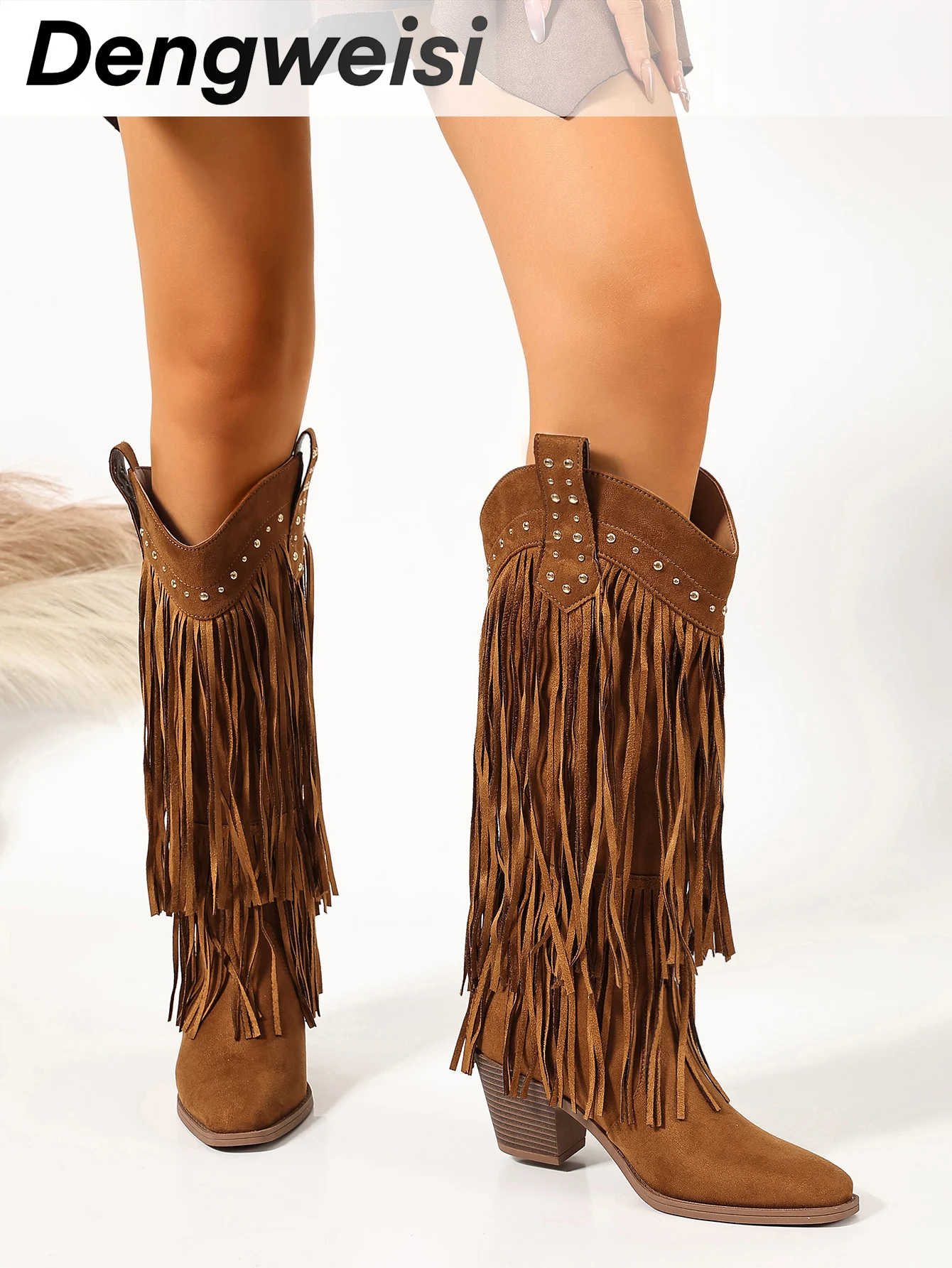 Damen-Langstiefel, Retro-Quasten-Westernstiefel, Damen-Herbst- und Winterstiefel mit dickem Absatz, mittelhohe Stiefel im Wasteland-Stil, vielseitige Modestiefel – Detail 5