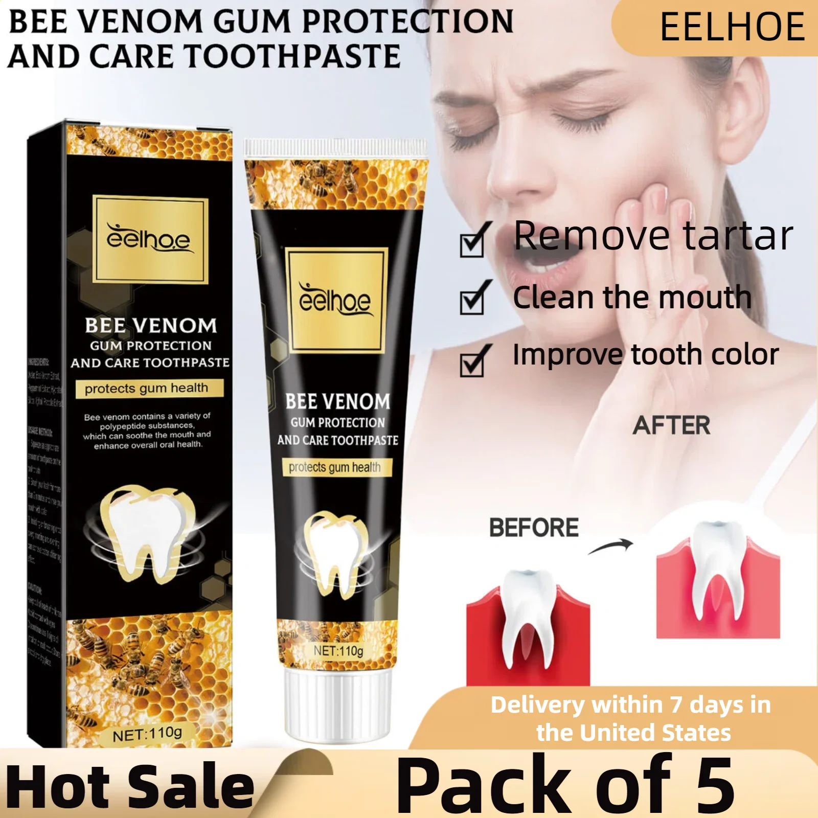 5pcs Bee Venom Gum Protection Toothpaste Brightening Repair Paste Tooth Cleaner Tartar Remover Fresh Breath Dental Care