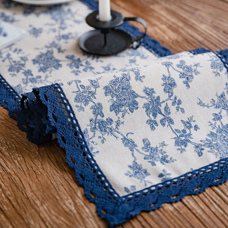 Table Runner Printing Garden Navy Blue Rose Flowers Table Tea Flag Dinner Flag Long Strip Holiday Party Table Decoration