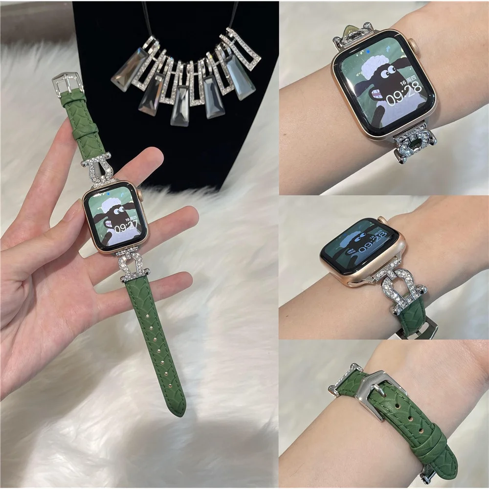 

Часы для Apple Watch Series Ultra/8/7/6, браслет U-образной формы для Iwatch, 49 мм, 41 мм, 45 мм, сплав цинка, стразы, Воловья кожа