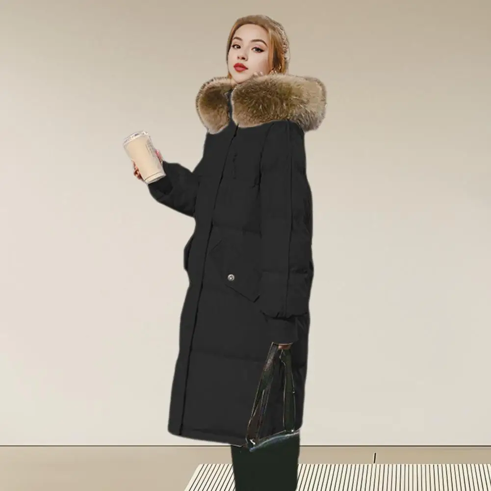 Cotton Coat With Hood Women's Winter Cotton Jacket With Furry Hood Heat Retention Knee Length Zip-up Coat For Windproof Outwear